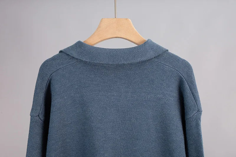 Double Layer Knit Lounge Set - Soft Polo Neck Sweater & Wide Leg Pants