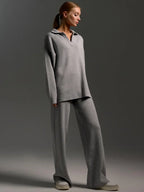 Double Layer Knit Lounge Set - Soft Polo Neck Sweater & Wide Leg Pants