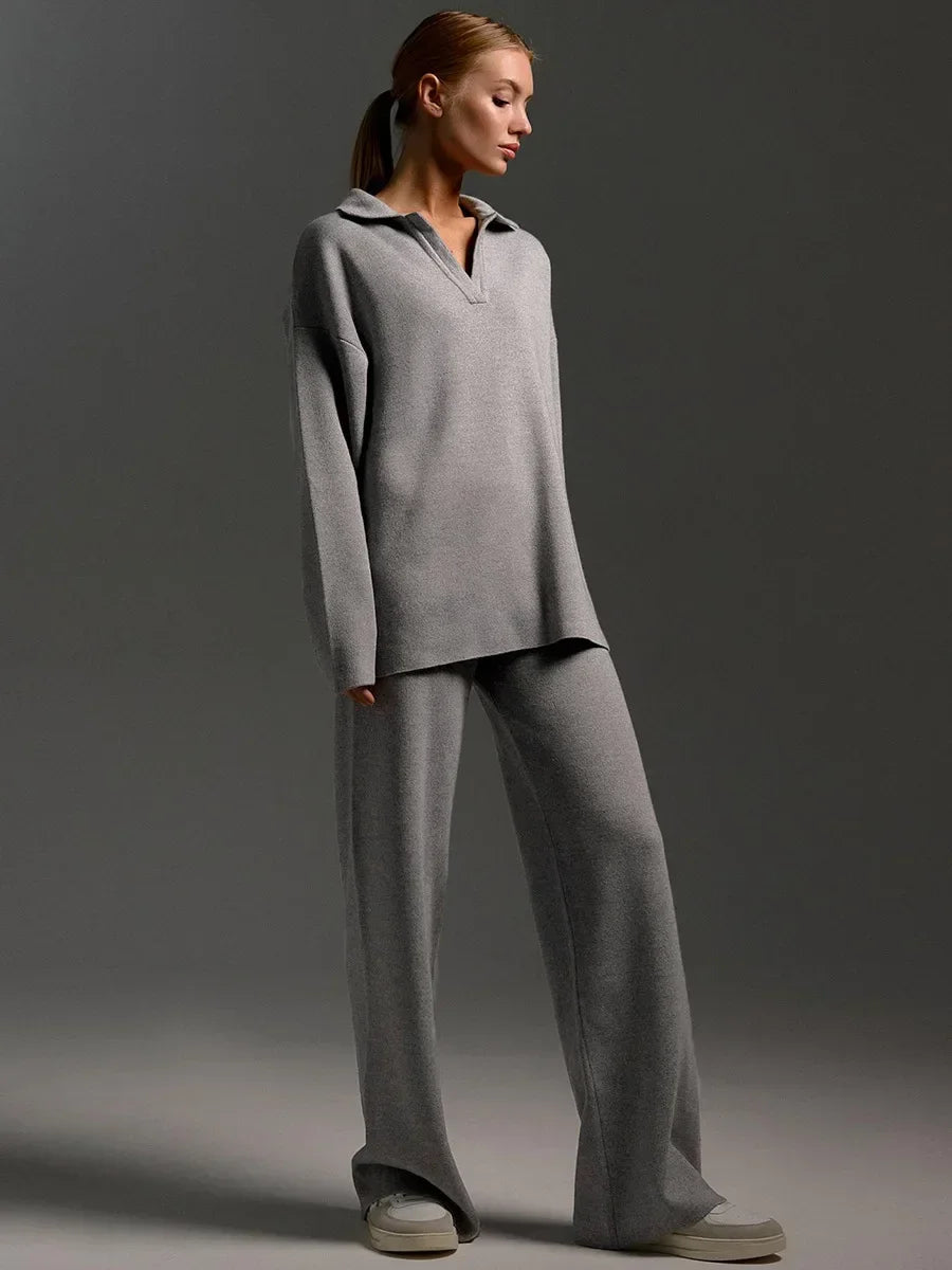 Double Layer Knit Lounge Set - Soft Polo Neck Sweater & Wide Leg Pants