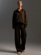 Double Layer Knit Lounge Set - Soft Polo Neck Sweater & Wide Leg Pants