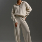 Double Layer Knit Lounge Set - Soft Polo Neck Sweater & Wide Leg Pants