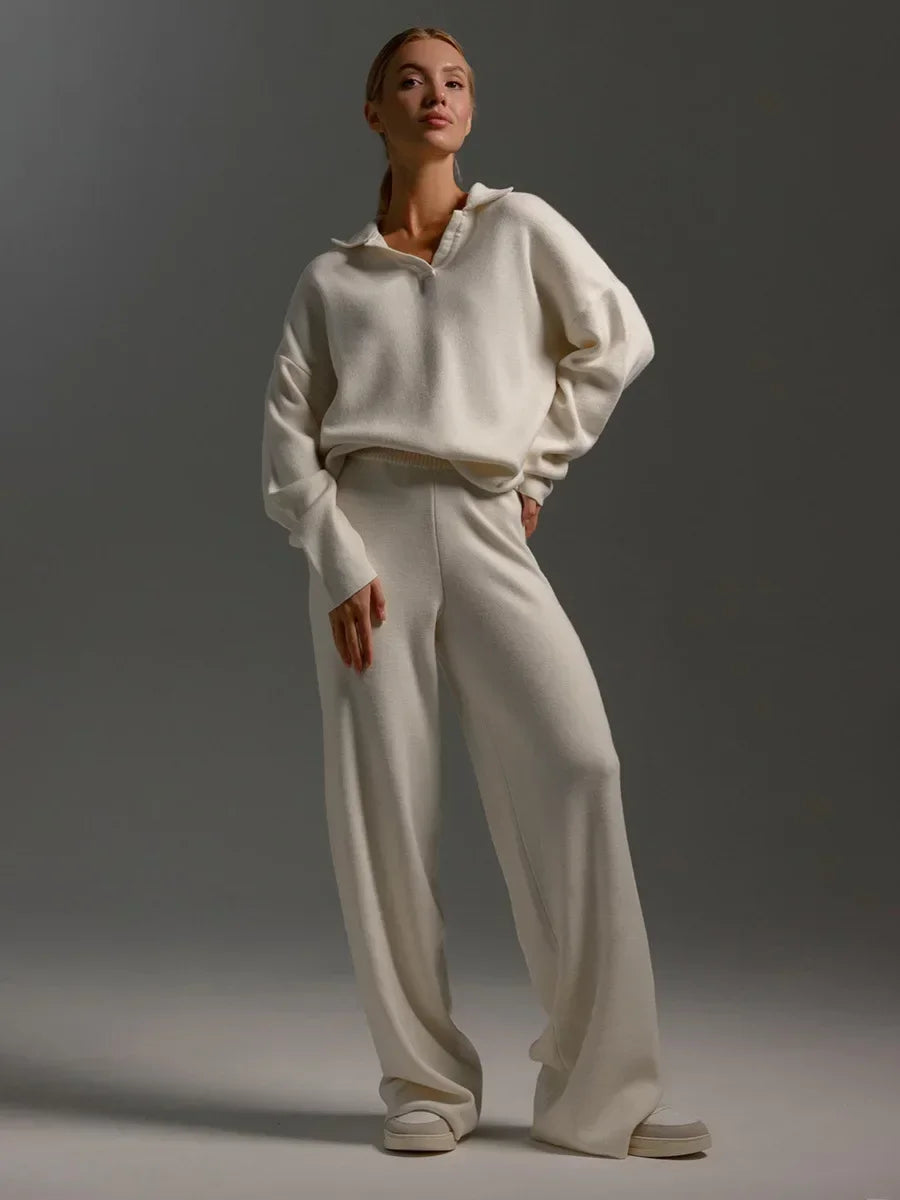 Double Layer Knit Lounge Set - Soft Polo Neck Sweater & Wide Leg Pants