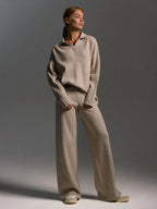 Double Layer Knit Lounge Set - Soft Polo Neck Sweater & Wide Leg Pants