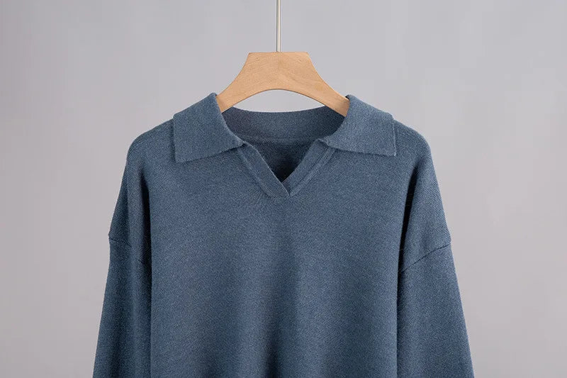 Double Layer Knit Lounge Set - Soft Polo Neck Sweater & Wide Leg Pants