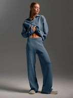 Double Layer Knit Lounge Set - Soft Polo Neck Sweater & Wide Leg Pants