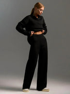 Double Layer Knit Lounge Set - Soft Polo Neck Sweater & Wide Leg Pants