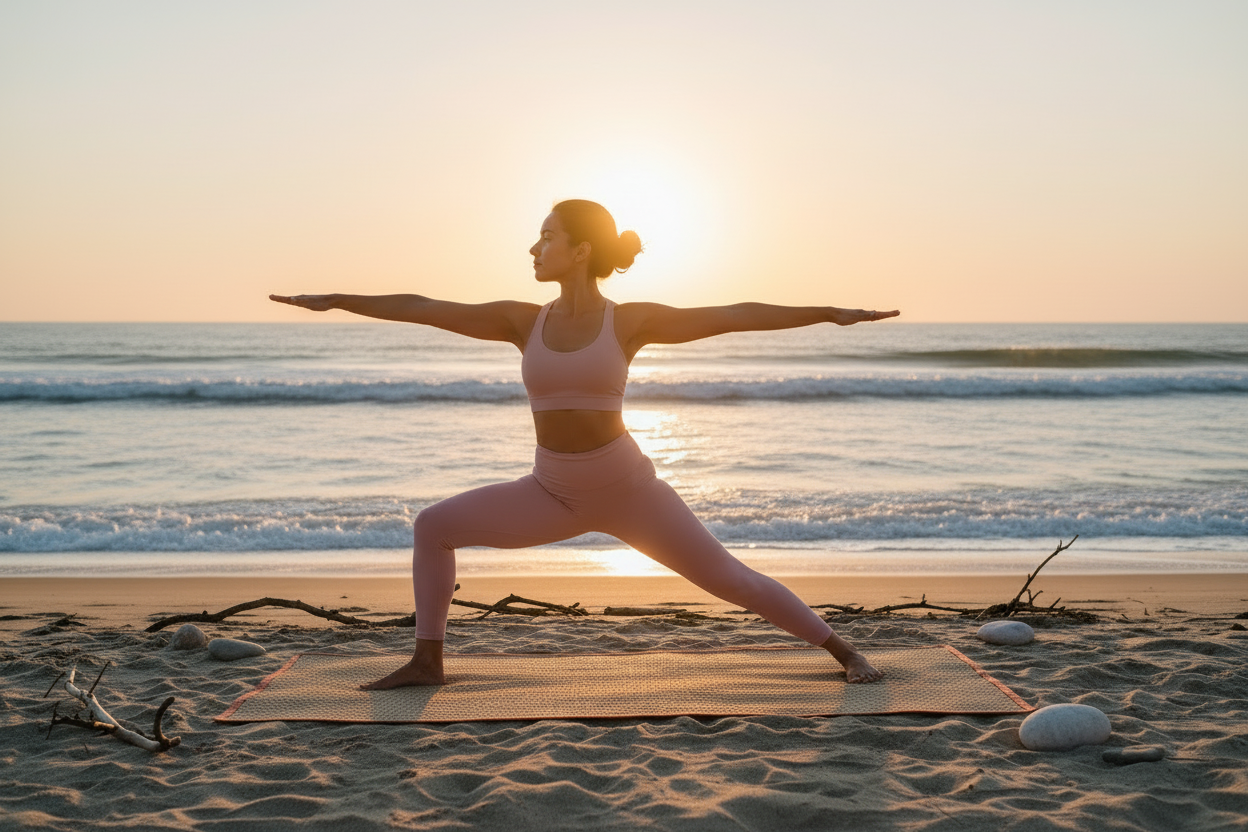 make her instead wearing a light pink sports bra and matching leggings and make her in warrior 2 position
